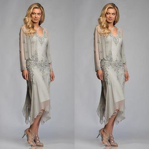 Elegant Silver Grey Chiffon Tea Length Mother Of The Bride Dresses With Jacket Suits Lace Appliques Deep V Neck Mother Guest dresses