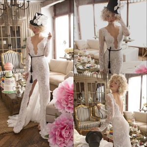 2019 Lihi Hod Mermaid Wedding Dresses With Belt Lace Side Split Sexy Backless Beach Wedding Dress Sweep Train Long Sleeve Bridal Gowns
