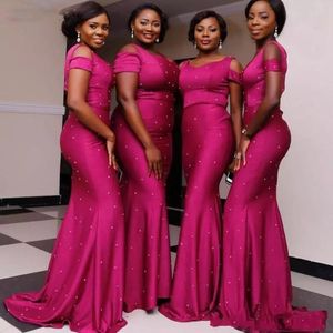 Fuchsia African Nigerian Mermaid Bridesmaid Dresses Spaghetti Pearls Beaded Short Sleeves Sweep Train Maid Of Honor Dress Cheap Formal Gowns