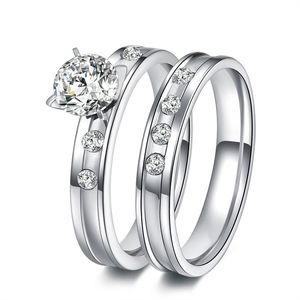 Stainless Steel Wedding Ring For Lovers IP SILVER Color Crystal CZ Couple Rings Set Men Women Engagement Wedding Rings