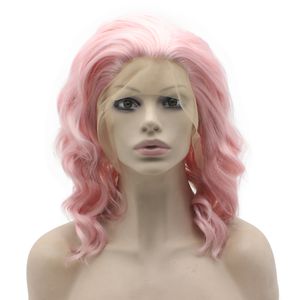Shoulder Length Elegante mão amarrada Synthetic parte dianteira do laço do cabelo Pink Party Wig
