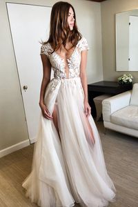 Seksowna dzielona tiul koronkowe sukienki na bal maturalne V Białe szampana Długość podłogi Backless Evening Gowns Formalne sukienki DH4097
