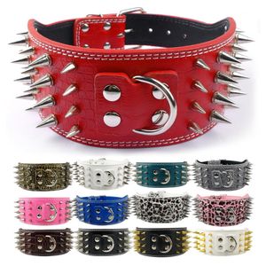 New Style 3 inch Wide 11 Colors Spiked Studded PU Leather Large Dog Collars For Pit bull