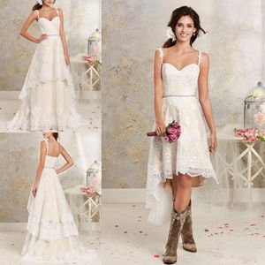Wyjmowana spódnica koronkowa sukienki linii paski spaghetti Applique High Low Country Summer Beach Wedding Suknie ślubne BA1855 0510