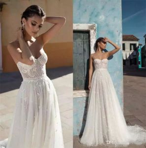 Gali Karten Bröllopsklänningar Strapless A Line Lace Bridal Gowns Sweep Train Backless Cheap Beach Wedding Dress