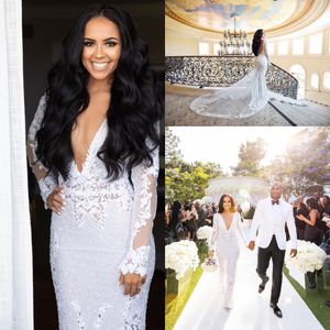 African Full Lace Wedding Dress 2019 Sexy Mermaid Deep V Neck Backless Bridal Gowns With Super Long Sleeves Robe de soriee