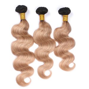 Peruvian Honey Blonde Ombre Human Hair Weave Extensions Body Wave Wavy 3Pcs #1B/27 Light Brown Ombre Virgin Human Hair Bundles Deals