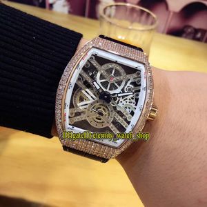 Eternidade de alta qualidade V 45 S6 SQT NR BR (NR) White Skeleton Dial Rose Gold Diamonds Case Automatic Mens Assista Couro Gelado Out Sport-Relógios