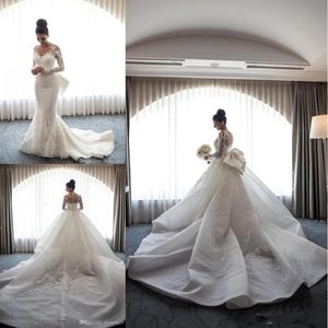 2018 Arabic Gorgeous Mermaid Wedding Dresses with Detachable Long Train Illusion Long Sleeves Beaded Full Lace Bridal Gowns BA9665