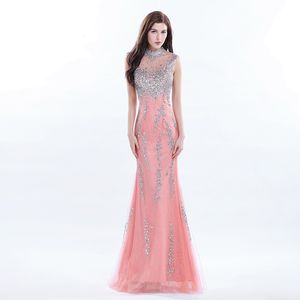 Luxury Celebrity Long Coral Prom Klänning Beaded High Neck Formell Kappor Lång Sequin Klänning Real Photo Gown Young Lady Afton Dresses