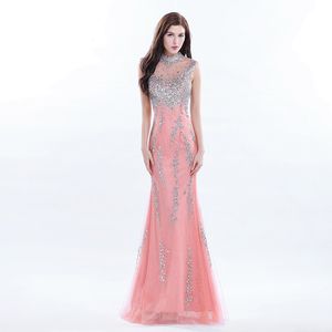 Celebridade de luxo Longo Coral Prom Vestido Frisado Gola Alta Vestidos Formais Longo Vestido De Lantejoulas Real Photo Gown Senhora Jovem Vestidos de Noite