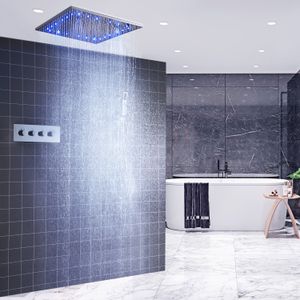 Luxury Ceiling LED Shower Faucets 20 inch Square Rain And Mist Spa Overhead Showers Panel 3 Way Thermostatic Mixer Set for bath