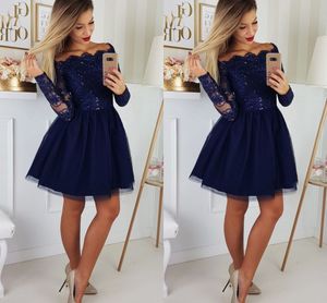 Off The Shoulder Short Party Dresses With Long Sleeve Sequin Applique Draped Prom Dress Cocktail Homecoming Dress Cheap Navy Blue Dress