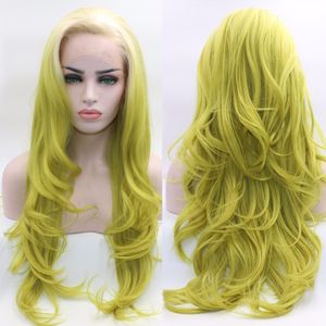 Beleza longa fantasia com renda ondulada peruca frontal raízes ombre ombre amarelo verde sintético resistente às perucas completas 904 s 3 s