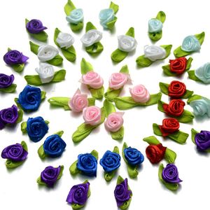 300pcs / lot Small Satin Ribbon Roses Buds Utsmyckningar Bröllopsfest Dekorativa blommor 27 färger för att välja färgpaketstorlek