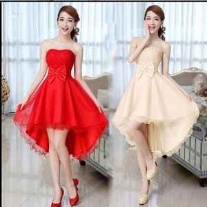 Alimida krótkie sukienki do domu 2018 czerwone sukienki formalne z łukiem asymetryczne poniżej 50 $ sukienka weselna bez ramiączek