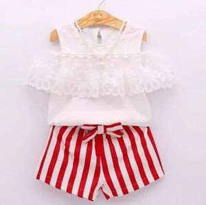 Baby Girls Summer Clothes Set Kids Lace Flowers Off Shoulder White Top + Stripe Shorts Girl 2pcs Set Children Outfits Clothing Suit 13425