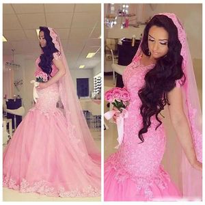 Pink Lace Mermaid Wedding Dresses 2018 Summer Cap Sleeves Bridal Gowns Custom Made Sweep Train African Wedding Vestidos Free Shipping