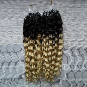 Loop-Mikroring, maschinell hergestellte Remy-Haarverlängerung, T1B/613, blond, verworren, lockig, 100 % Echthaar, Ombre-Mikroglieder, 25,4–66 cm, 1 g/s, 200 g