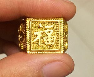 Klasyczny Retro Chiński Udany Szef Chiński Pierścionek Plated Gold Cool Men's Jewelry Wedding Engagement Gift dla mężczyzn