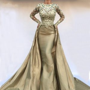 Heavy Long Mermaid Prom Dress With Overskirt Long Sleeves Floral Lace Applique Taffeta Evening Gowns Sexy Robe De Soiree Dubai Formal Wear