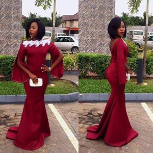 African Red Prom Dresses Bateau Neck Lace Appliques Satin Long Sleeve Mermaid Evening Dress Party Wear Sweep Train Formal Occasion Gowns