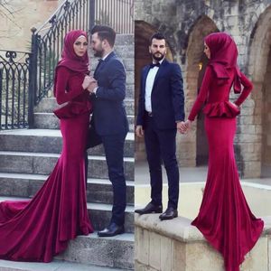 2018 lindo muçulmano borgonha cetim vestidos de baile sereia hijab mangas compridas trem da varredura vestidos de baile vestidos de festa