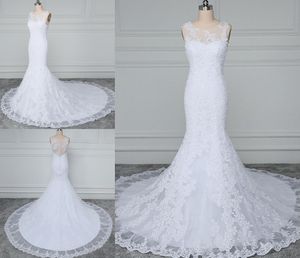 2022 Sexig strand sjöjungfru bröllopsklänningar Lace Applique Sheer Neck Court Train Real Picture Bohemian Bridal Wedding Gowns Custom Made