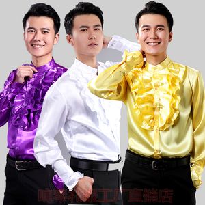 Dance Performance Chorus Costume Koronki Koszula Deep Purple Light Yellow White Gloss Face Mens Shirt