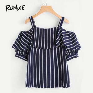  Women Open Shoulder Layered Striped Top Summer 2018 Woman Cold Shoulder Half Sleeve Ruffle Shirt Navy Tunic Blouse