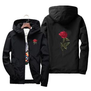 Joobox Haft Rose Flower Windbreaker Jacket Mężczyźni Kapturem Bombowiec Kurtka Skóra Męskie Kurtki Jaqueta Masculina Duży rozmiar S M 7XL