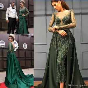 Emerald Green Crystal Prom Dresses with Overskirt Ziad Nakad Sheer Beaded Neck Long Sleeve Luxury Evening Party Gowns