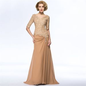 Gold Chiffon Long Mother Of The Bride Dress Sheath 1/2 Sleeves V Neck Lace Wedding Party Plus Size