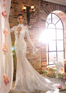 Elihav Sasson Mermaid Wedding Dress With Long Sleeves High Neck Vestidos De Noiva Hollow Back Lace Country Bridal Gowns