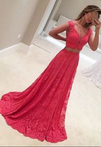 Hot Sale Two Piece Prom Evening Dresses Long Deep V neck Sheer Straps lace Bodice With Train Backless Formal pageant Dress Gowns