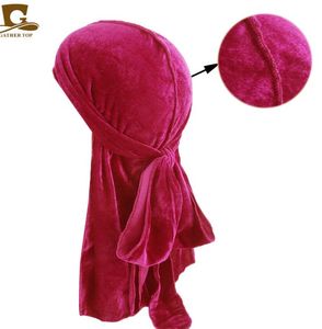 Men Women Bandana Velvet Turban Hat Durag Hip hop Headwear Headscarf long tail Outside Stitch headwrap Skull Cap Pirate Hat 12Colors