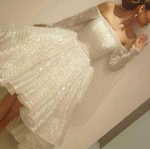 Sequins New Fashion Short Prom Dresses Off Shoulder Hi-Lo Long Sleeves Zipper Back Tea Length Pleats Formal Party Gowns Evening Dress