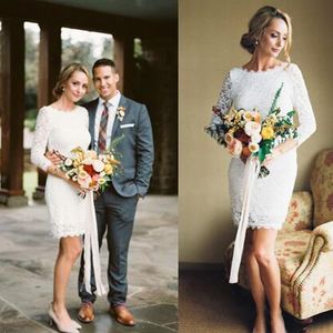 3/4 Long Sleeve Knee Length Wedding Dresses Open Back Lace Short Wedding Dresses vestido de noiva