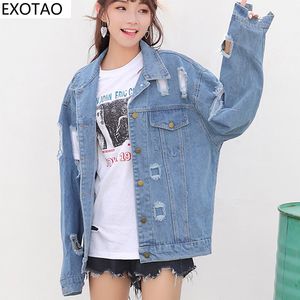 Exotao överdimensionerade rippade denimjackor kvinnor denim hål höst jeans jaqueta batwing hylsa bf vindrock kvinnlig het chaquetas