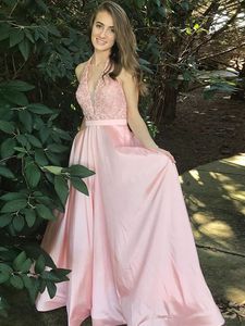 2023 rosa langes Abendkleid mit V-Ausschnitt, Spitze-Applikation, offener Rücken, Taft, A-Linie, formelle Promi-Party-Kleider, sexy Abendkleider, Vestidos de Fiesta
