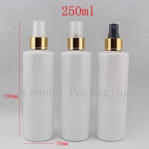250ML X Empty White Plastic Bottle With Gold Aluminum Spray Pump Cosmetic Sprayer Container For Perfumes Toilet Water Pack