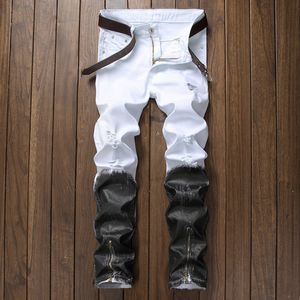 Mens angustiado rasgado branco preto zíper jeans fino ajuste designer perna reta motociclista contraste cor denim calças streetwear jb18730