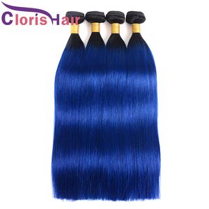 Silky Straight Ombre Hair 3 Bundles Dark Roots 1B Blue Malaysian Virgin Human Hair Extensions Colored Two Tone Blue Ombre Weaves Ali Grace