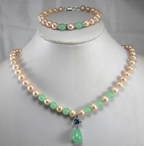 anniversary! Wholesale Women's yellow pearl mixed green Natural Stone pendant Necklace bracelet jewelry set