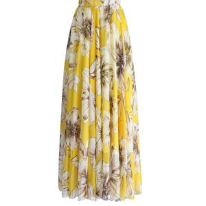 Fashion Ladies Summer New Casual Beach Party Kjol Floral Print Chiffon Long Maxi kjol Boho