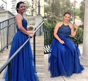 Plus Size Royal Blue Prom Dresses 2018 New Halter Neckline Beaded Bodice A Line Floor Length Chiffon Formal Dresses Evening Plus Size