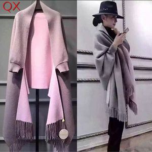 SC2 2017 Oversize Dupla Lado Cachecol Faux de Cashmere Poncho Do Inverno Das Mulheres Sólidos Designer Feminino Mangas Compridas Envoltório Do Vintage Xaile D18102406