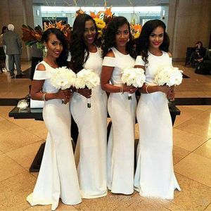 2018 White Graceful Long Bridesmaid Dresses Jewel Short Sleeves Mermaid Party Gowns With A Small Train Custom Made Bridesmaid Gowns