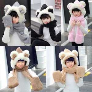 Unisex Meninas Gorros Cap Set Bebê Crianças 3 PCS Bonito Ear Bow Cachecol Conjuntos de Luva de chapéu de Flanela Crianças Inverno Quente Cachecóis E Xaile