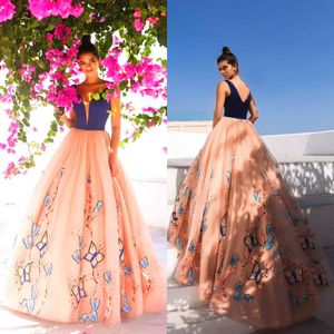 Glamorous Butterfly Embroidery Prom Dresses Plunging V-Neck Sleeveless Appliqued Tulle Evening Dress Brand Crystal Design Couture Party Gown